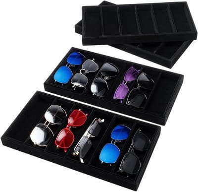 Opbergdienblad voor zonnebrillen en sieraden van fluweel, zwart, 6 vakken, 38,3 x 19,3 x 3,2 cm, stijlvolle brillenstandaard en horloge organizer