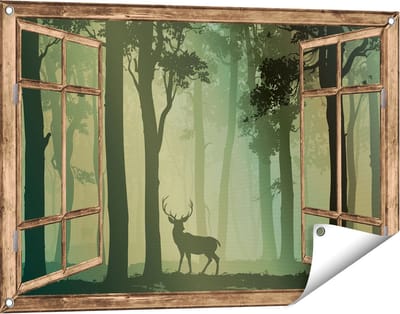 Gards Tuinposter Doorkijk Hert in het Bos - Silhouet - 90x60 cm - Tuindoek - Tuindecoratie - Wanddecoratie buiten - Tuinschilderij