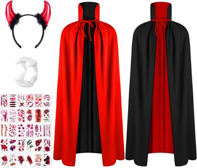 Zwarte en Rode Cape met Kap, Dubbelzijdig met Vampiertanden voor Halloween, Carnaval en Kerst, 150 cm, 90 cm