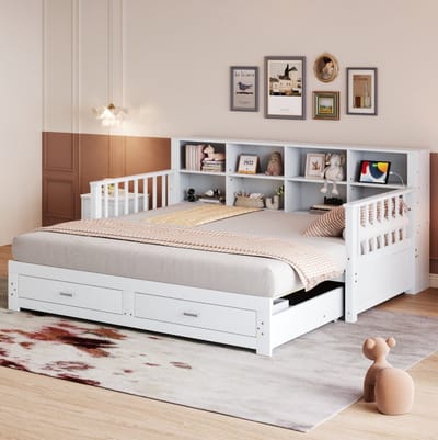 MEUNIQ uitschuifbare slaapbank 90x190/180x190 cm met opbergvakken in rugleuning, stopcontact, 2 lades en lattenbodem voor slaapkamer of logeerkamer, wit