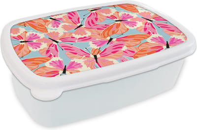 Broodtrommel Wit - Lunchbox - Brooddoos - Vlinders - Vliegen - Patronen - 18x12x6 cm - Volwassenen