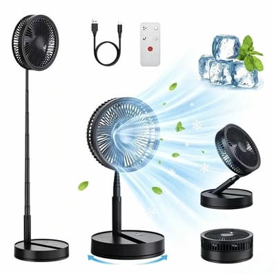 KZQ Draagbare, opvouwbare oscillerende ventilator - Tafelventilator - Staande ventilator - Stil - Vierversnellingsinstelling - 8000 mAh - USB-C - Inclusief afstandsbediening - Geschikt voor Thuis, Kantoor en Buiten - 22 × 22 × 10 cm - Zwart