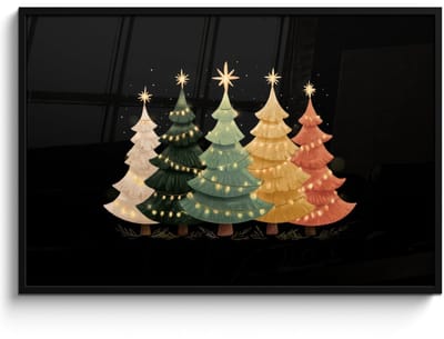 Poster in lijst - Fotolijst 120x80 cm - Posters - Kerstbomen - Kleurrijk - Lichtjes - Ster - Posterlijst zwart - Decoratie - Wanddecoratie woonkamer - Muurdecoratie slaapkamer - Kerstversiering - Kerstdecoratie voor binnen - Kerstmis