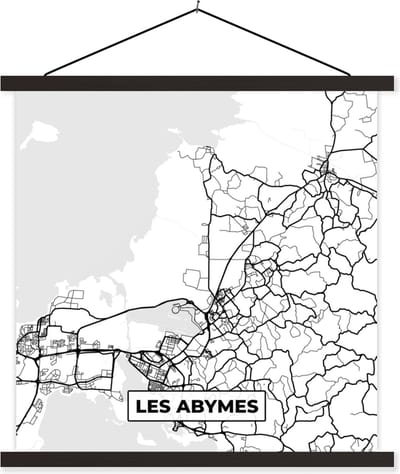 Posterhanger incl. Poster 60x60 cm - Schoolplaat - Kaart - Frankrijk - Stadskaart - Plattegrond - Les Abymes - Zwart wit - Textielposter - Zwarte latten - Stadskaart