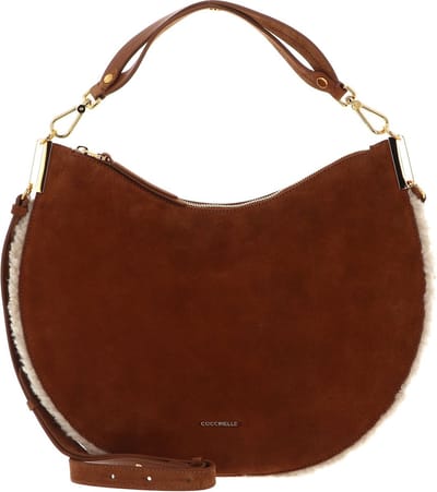 COCCINELLE Leren Schoudertas Sunup Suede Leather Eco Shearling Shoulderbag Natural / Cuir Lichtbruin