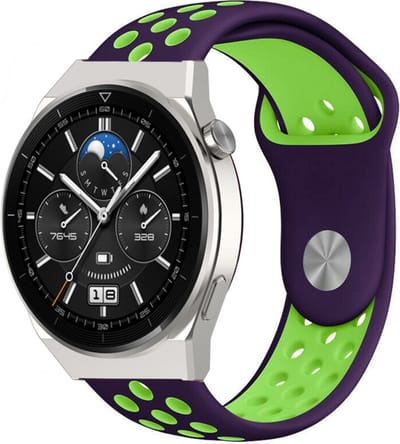 Strap-it Ademend sport siliconen bandje - geschikt voor Huawei Watch GT 1 / GT 2 / GT 3 / GT 3 Pro / GT 4 46mm / GT 5 & 5 Pro (46mm) / GT 2 Pro / GT Runner / Watch 3 (Pro) / Watch 4 (Pro) / Watch Ultimate - paars/neon groen