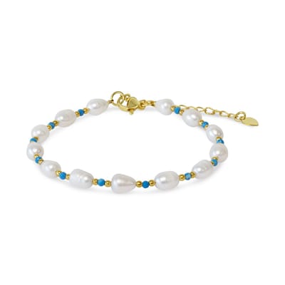 CO88 Collection 8CB-91394 – Armband Dames – Parel & Turquoise Kralen – Goudkleurig – RVS – Cadeau voor Vrouwen