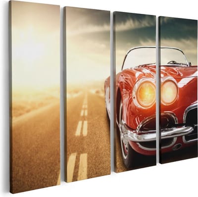 Artaza Canvas Schilderij Vierluik Oude Rode Auto - Retro - 80x60 - Foto Op Canvas - Canvas Print