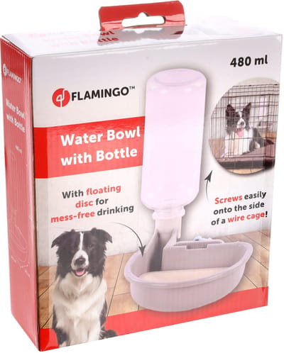 Flamingo drinkfles hondenbench – drinkbak bench hond – drinkfles transportbench – anti-mors systeem – universeel klemsysteem – Diza Grijs – 480 ml