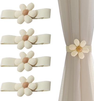 Famanu – 4 stuks gordijnhouders - creatieve gordijnhouders - mooie embrasses met bloemen - embrasses met elastiek voor de decoratie van ramen - woon- en werkruimtes - cafés - beige