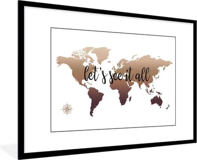 Poster in lijst - Fotolijst 90x60 cm - Posters - Wereldkaart - Bruin - Kompas - Posterlijst zwart - Decoratie - Wanddecoratie woonkamer - Muurdecoratie slaapkamer