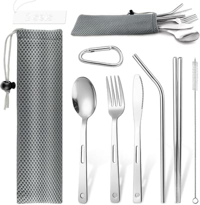 16-delige RVS Reisbestek Set voor Buiten, Camping, Picknick en Catering met Opbergtas