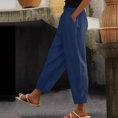 Damesbroek Katoen Linnen Effen Kleur Modieus Casual Dagelijks Zijzak Elastisch Casual Broek Damesbroek XXL marineblauwe kleur