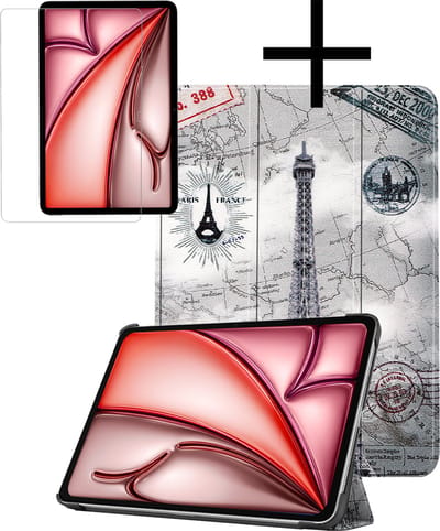Hoes - Geschikt voor Apple iPad Air (2024/2025/2026) - 11 inch - Met Screenprotector - Trifold Bookcase - Hard Cover - Hardcover Book Case - Tablet Hoesje - Eiffeltoren