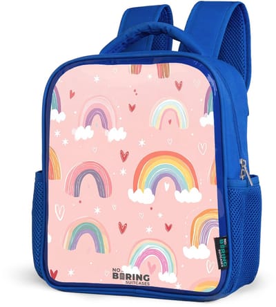 NoBoringSuitcases.com® - Rugzak blauw - Schooltas jongens - Regenbogen op een roze achtergrond - Kinder rugtas jongen - Boekentas kind - Kinderrugzak voor school - Schoolrugzak