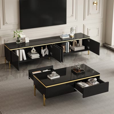 Modern luxe tv-meubel en salontafel set - effen hoogglans oppervlak - gouden randen - grote opbergruimte - zwart