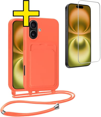 Hoesje Geschikt voor iPhone 16 Plus Telefoonhoesje Met Koord Case Pashouder Met Screenprotector Siliconen - Hoes Geschikt voor iPhone 16 Plus Hoesje Met Kaarthouder - Papaya
