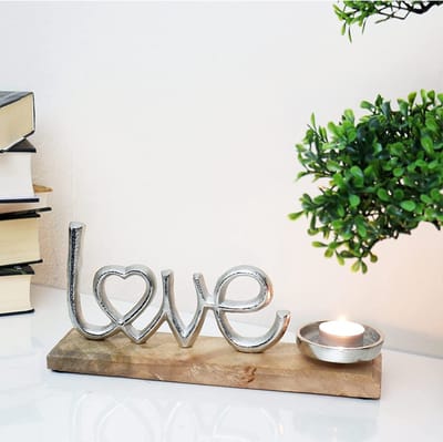 COM-FOUR® kandelaar met decoratief figuur - Decoratieve kandelaar van vernikkeld aluminium met mangohouten voet - Theelichthouder voor alle soorten kaarsen (Liefde - XL)