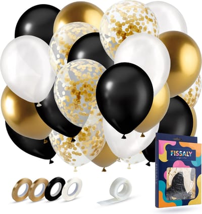 Fissaly 40 stuks Goud, Zwart & Wit Helium Ballonnen met Lint – Versiering Decoratie – Papieren Confetti – Latex - Happy New Year 2026 Versiering Pakket