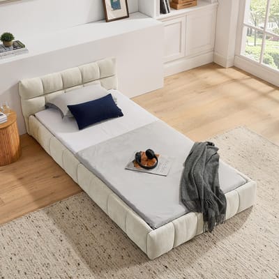 Pugsdrly Eenpersoonsbed 90*200 cm, kinderbed met zijdezachte chenille bekleding, vierkant quiltontwerp, gemaakt van ecologisch eucalyptushout en een stabiel ijzeren frame, eenvoudige montage, beige (zonder matras)