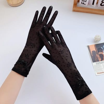 Zonnebrandhandschoenen voor Dames Dunne Rijhandschoenen Anti-slip IJszijde Ademend Middellange Lengte Rijden Kant Touchscreen Handschoenen average size black
