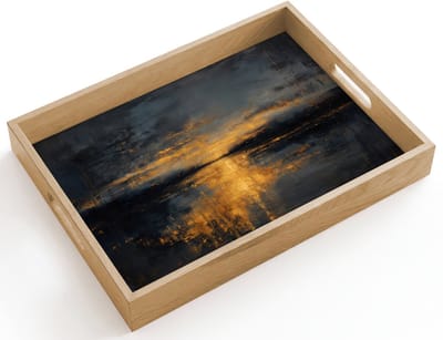 Dienblad hout 40x30 cm - Schootdienblad - Gouden Reflectie op Water - Borrelplank rechthoek - Plateau dienbladen