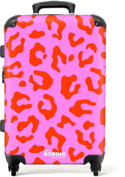 NoBoringSuitcases.com - Grote koffer dames - Panterprint in rood op roze achtergrond - Reiskoffer met 4 wielen - Trolley op wieltjes - Rolkoffer groot vrouwen - 72 liter - Ruimbagage valies 20kg - Valiezen voor volwassenen