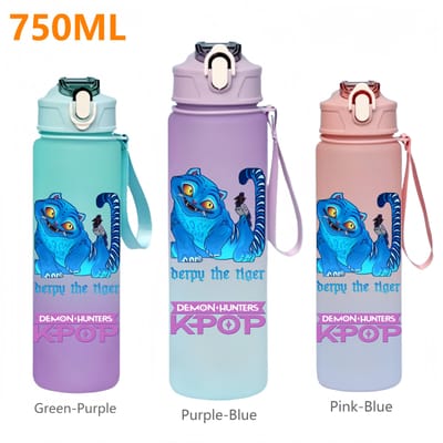 750ML KPop Demon Hunters Cartoon Print Waterbeker met Rietje Hoge Kwaliteit Drinkflessen Reismok Kantoor School Kinderen Cadeaus Purple-Blue-1PCS