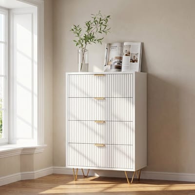 Commode, Opbergmeubel met 4 Laden, Eettafel, Nachtkastje, Multifunctioneel Meubelstuk, Geschikt Voor Hal, Slaapkamer, Woonkamer, Badkamer, 60 x 34 x 91 cm (Wit)