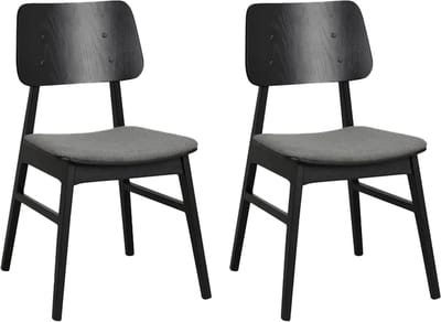 Rowico Home Nagano Eetkamerstoel Zwart - Hout - Met Grijs Zitkussen - Stof - Design - Set van 2 Eetkamerstoelen
