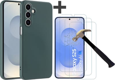 Hoesje geschikt voor Samsung Galaxy S25 hoesje zacht siliconen met 3 Stuks gehard glas Screenprotectors- Arara backcover - Pine Groen
