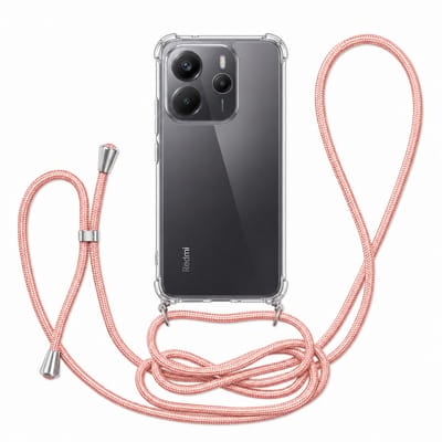 Geschikt voor Xiaomi Redmi Note 14 4G Hoesje met Koord - Transparant - Verstelbaar Nekkoord - Schokbestendig - Rosegoud