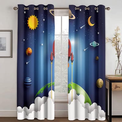 Universe Gordijnen Buitenruimte Sterren Melkweg Planeet Raket Patroon Verduisterende Raampaneel Set voor Woonkamer 100W130H(CM)40x51in&Grommet Top