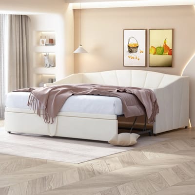 Slaapbank 90/180x200 cm - Uitschuifbaar met Lattenbodem - Fluweel - Beige