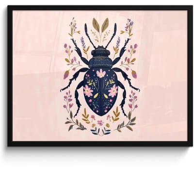 Poster in lijst - Fotolijst 80x60 cm - Posters - Donkerblauw - Kever - Bloemtakken - Sierlijk - Posterlijst zwart - Decoratie - Wanddecoratie woonkamer - Muurdecoratie slaapkamer