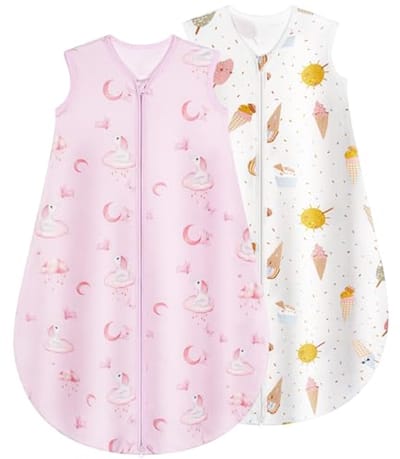 Zomerslaapzak voor baby's - 100% katoen, 0,5 TOG, 0-6 maanden, pasgeborenen, 60 cm, 2 stuks, roze olifant
