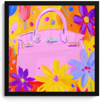 Poster in lijst - Fotolijst 40x40 cm - Posters - Tas - Roze - Bloemen - Posterlijst zwart - Decoratie - Wanddecoratie woonkamer - Muurdecoratie slaapkamer