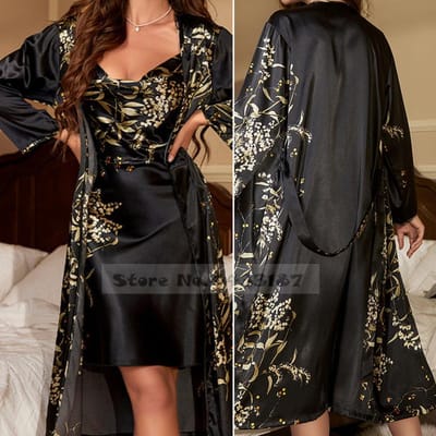Sexy Dames Lange Badjas Nachthemd Set Zomer Nachtkleding Spaghettiband Nachthemd Lingerie Losse Print Kersen Satijn Huiskleding XL black