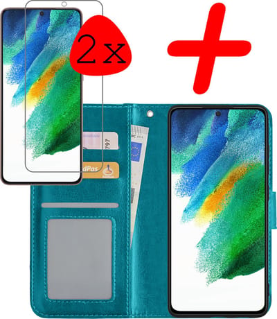 Hoesje Met 2x Screenprotector - Geschikt voor Samsung Galaxy S21 FE - Luxe Pasjeshouder - Bookcase Portemonee - Flip Case - Kunstleer Book Case - Flipcase Hoes - Book Cover - Walletcase - Portemonneehoes - Turquoise