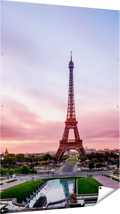 Gards Tuinposter Eiffeltoren in Parijs met Kleurrijke Hemel - 120x180 cm - Tuindoek - Tuindecoratie - Wanddecoratie buiten - Tuinschilderij