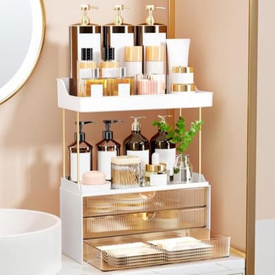 Dailygoods- Make-up Organizer - Upgrade 2 Etages - 3 Laden - Grote Vanity Organizer - Cosmetica Organizer - Prachtige Badkamerorganizer - Verbeterde Opslagcapaciteit