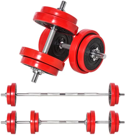 Halterset 20 kg 2-in-1 Verstelbare Dumbbells & Barbell - Rood Zwart voor Thuis Fitness & Spiertraining - 21,5x21,5x3,8 cm