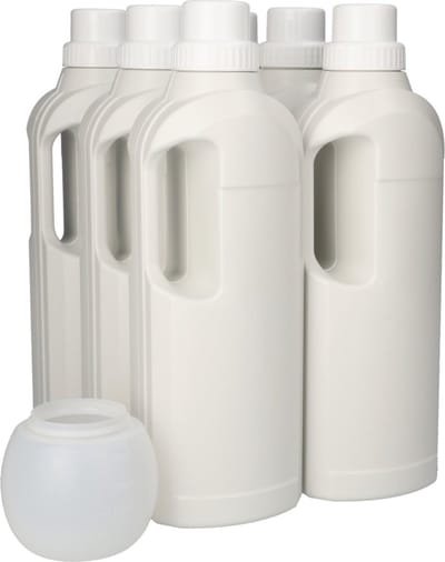 6 x Gerecyclede Ovale Fles 1000ml met Doseerdop & Wasbol- Gerecycled HDPE Kunststof - Onbreekbaar - ca. 70% minder Co2 uitstoot door gerecycled materiaal - 6 stuks