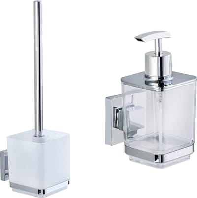 Wandtoiletborstel met open borstelhouder, 9,5 x 37 x 12,5 cm & Vacuum-Loc® zeepdispenser met wandhouder Quadro, pompdispenser zonder boren, 7,5 x 16 x 10 cm