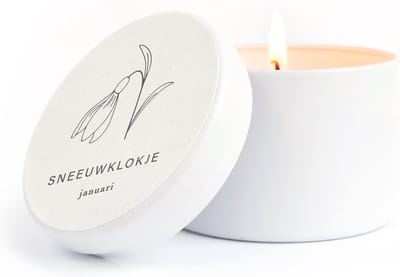 Maan Amsterdam - Geurkaarsje - Geboortebloem januari in wit blikje - 100% vegan soja was - cadeau kaars