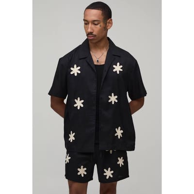 Oversized Shirt En Short Set Met Gehaakte Applicatie | Black | Size XS