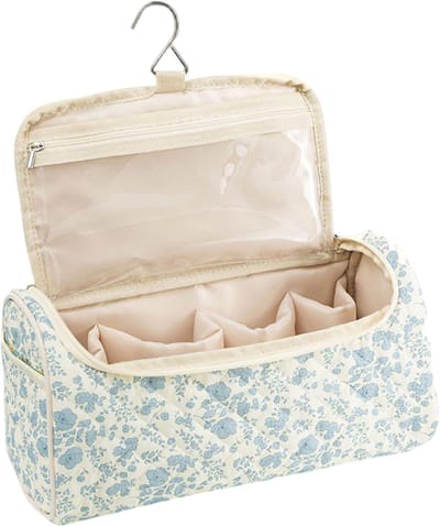 Opbergtas voor föhn en krultang - 32x15x15 cm; Reistas voor verzorgingsproducten - blauwe cosmetische tas van polyester-katoen.