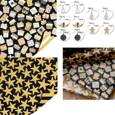 Kerst Cadeaupapier Dubbelzijdig Zwart Gouden Sterren – 2 Rollen 70x200 cm + 10 Luxe Kerststickers | Inpakpapier