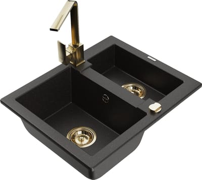 Mexen Carlos granieten gootsteen met 1,5 kom en keukenmengkraan Rita, zwart/goud metallic - 6518-75-670300-50