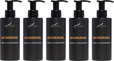 Showergel Sweet Orange & Cedarwood 300 ml - met pomp - zwarte fles - set van 5 stuks - Douchegel - Voordeelverpakking